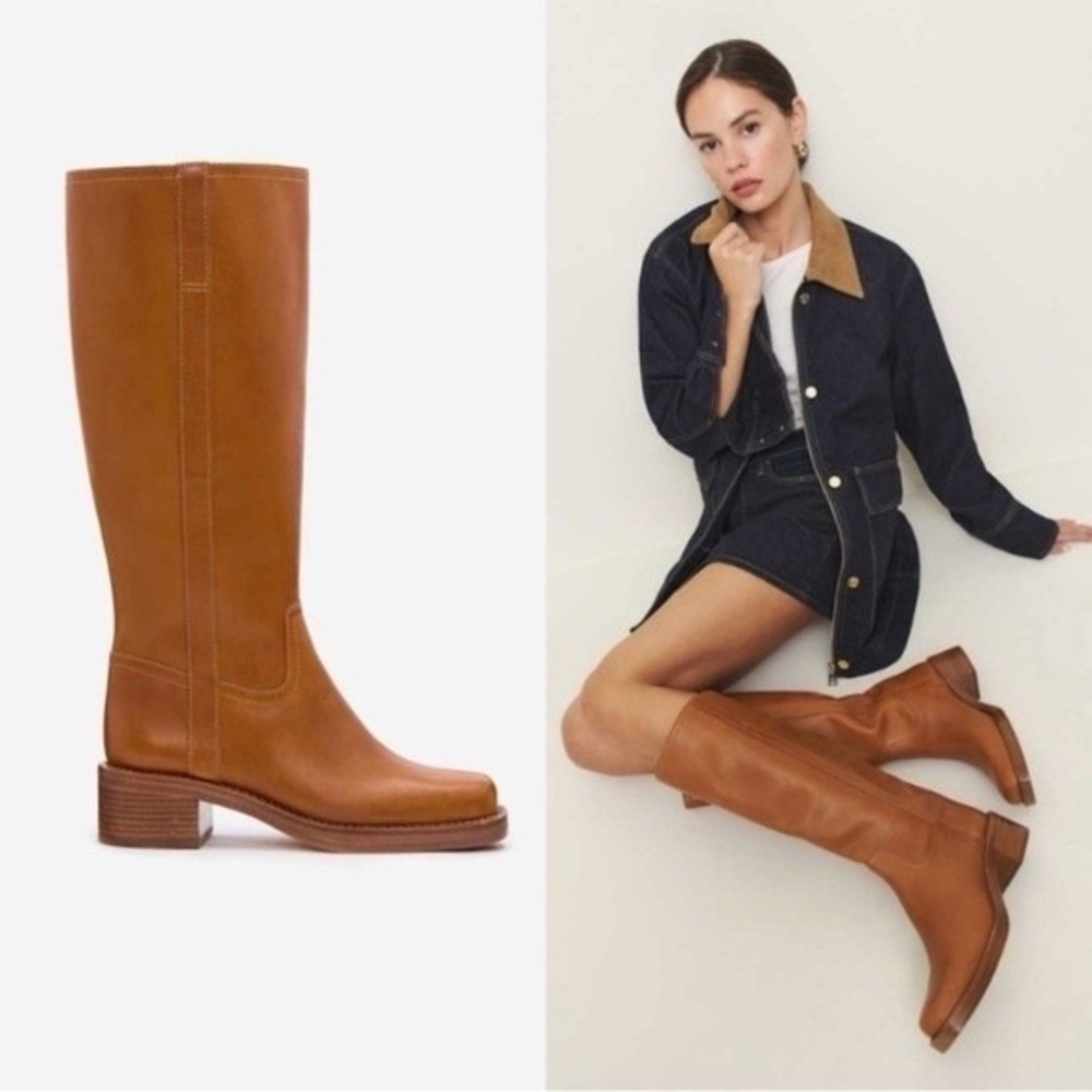 Reformation Frances Knee High Boot Whiskey Leather Women Square Toe Block Heel